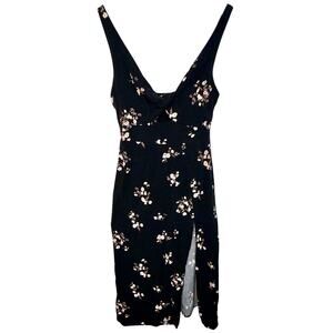 Abercrombie & Fitch Black Floral Smocked Cutout High Slit Midi Dress Womens XS